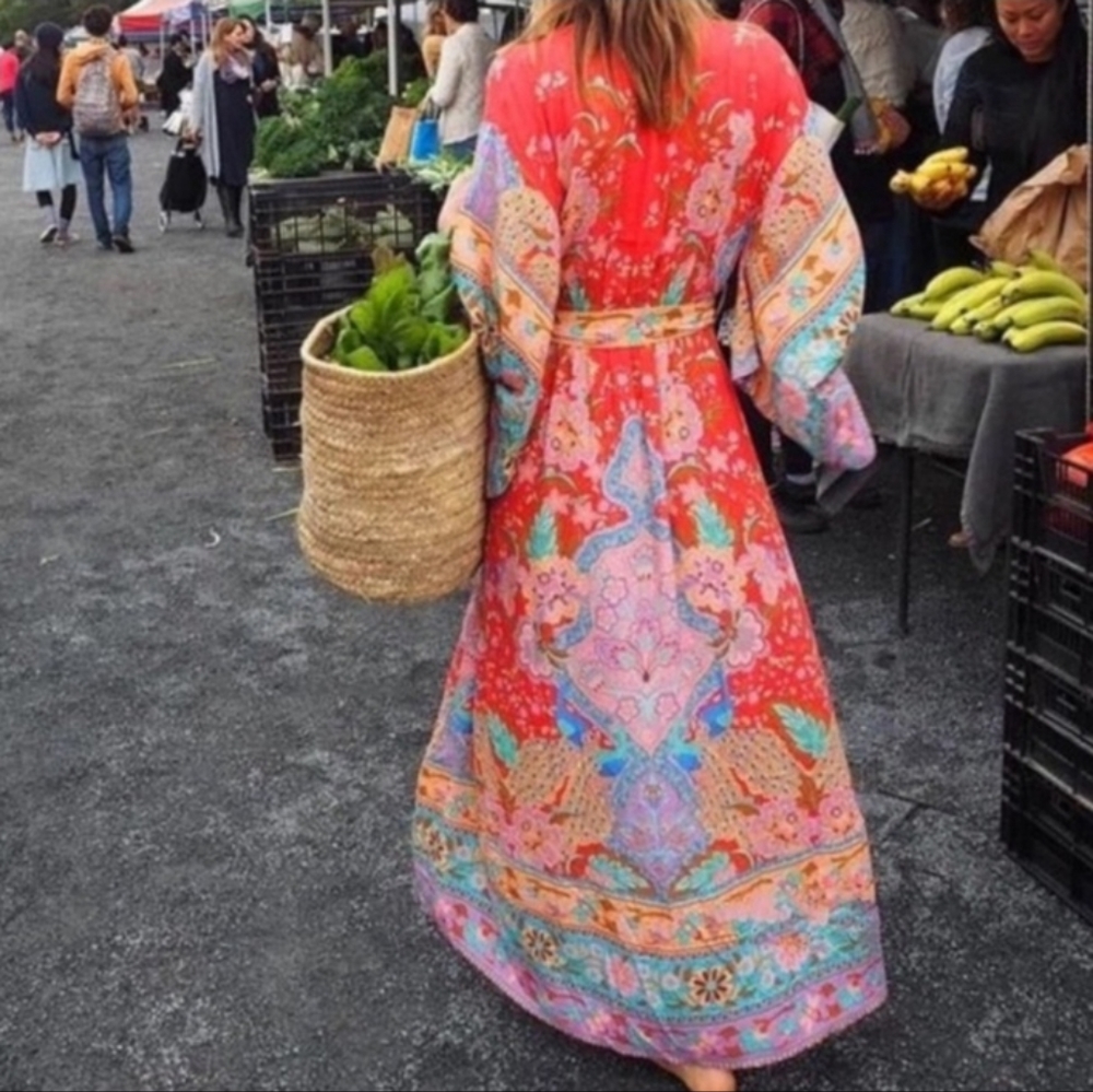 Fiery Red Peacock Boho Floral Print Midi Dress
